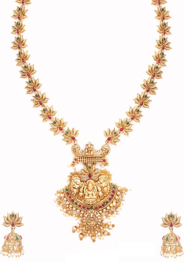 Gold Plated Kundan Stone Studded and Beaded Laxmi Design Jewellery Set - Indya
