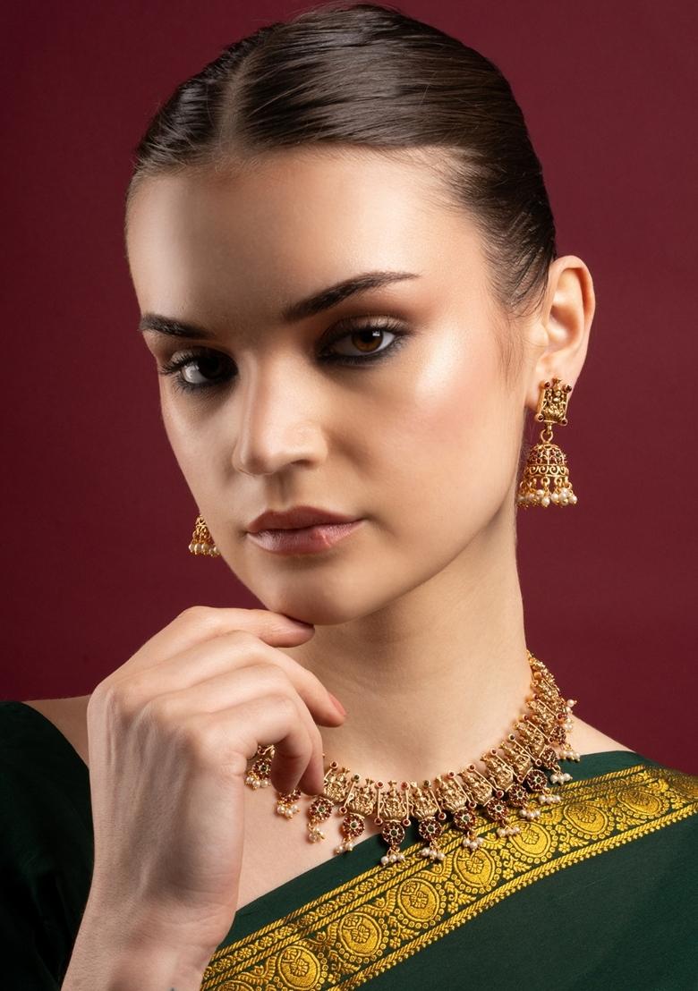 Gold Plated Stone Studded and Beaded Laxmi Designed Temple Jewellery Set