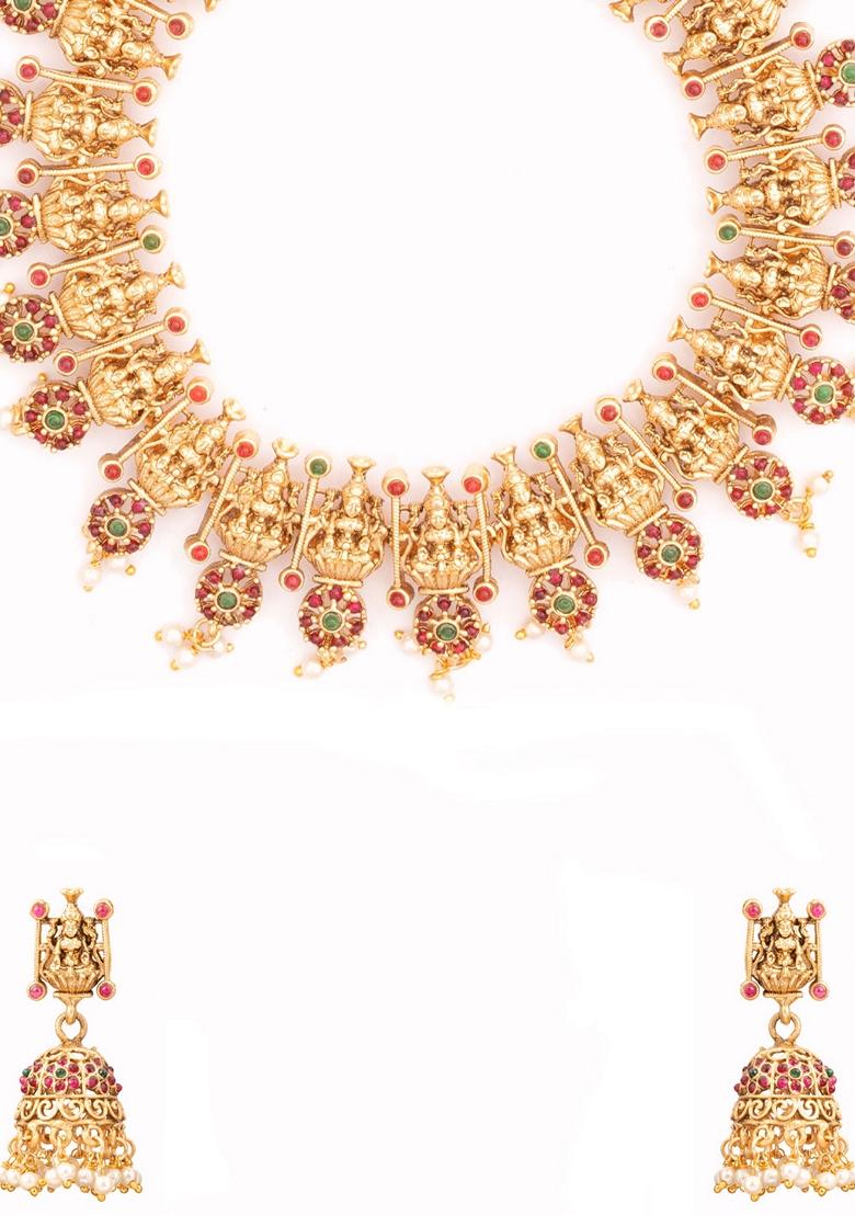 Gold Plated Stone Studded and Beaded Laxmi Designed Temple Jewellery Set