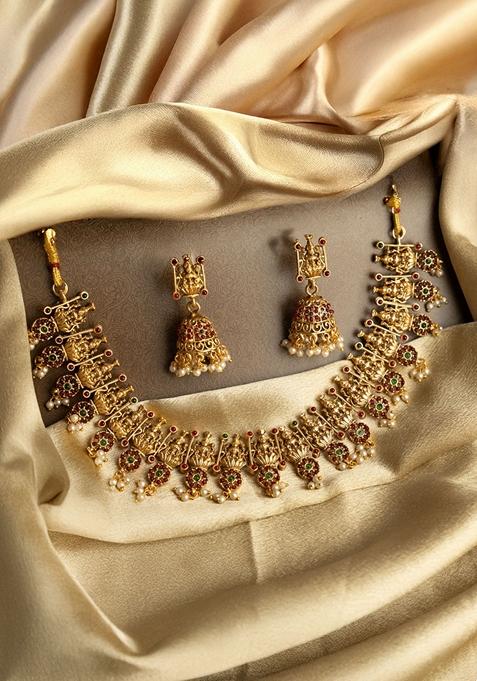 Gold Plated Stone Studded and Beaded Laxmi Designed Temple Jewellery Set