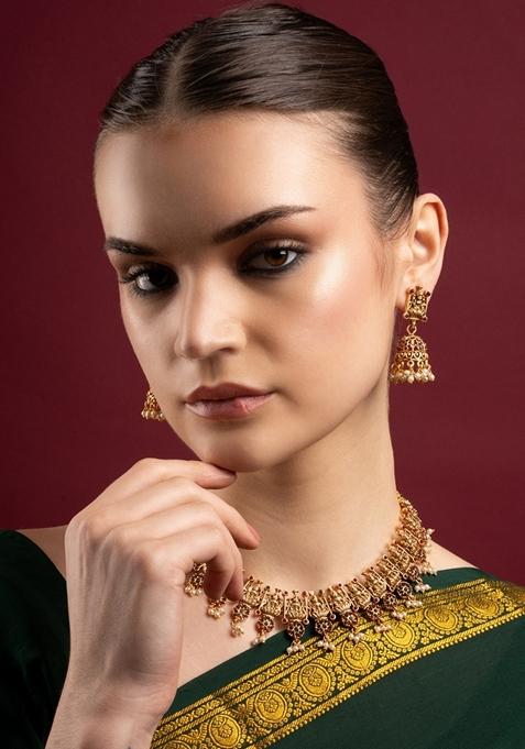 Gold Plated Stone Studded and Beaded Laxmi Designed Temple Jewellery Set