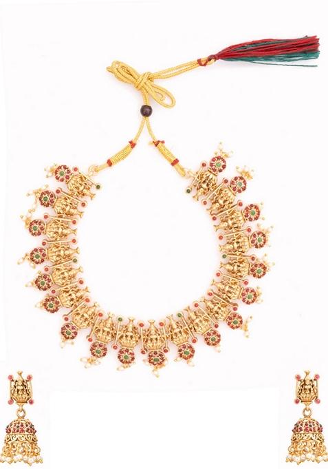 Gold Plated Stone Studded and Beaded Laxmi Designed Temple Jewellery Set