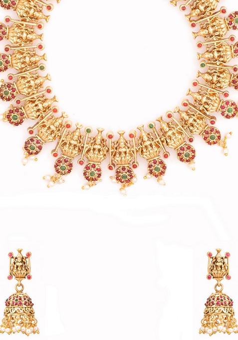 Gold Plated Stone Studded and Beaded Laxmi Designed Temple Jewellery Set