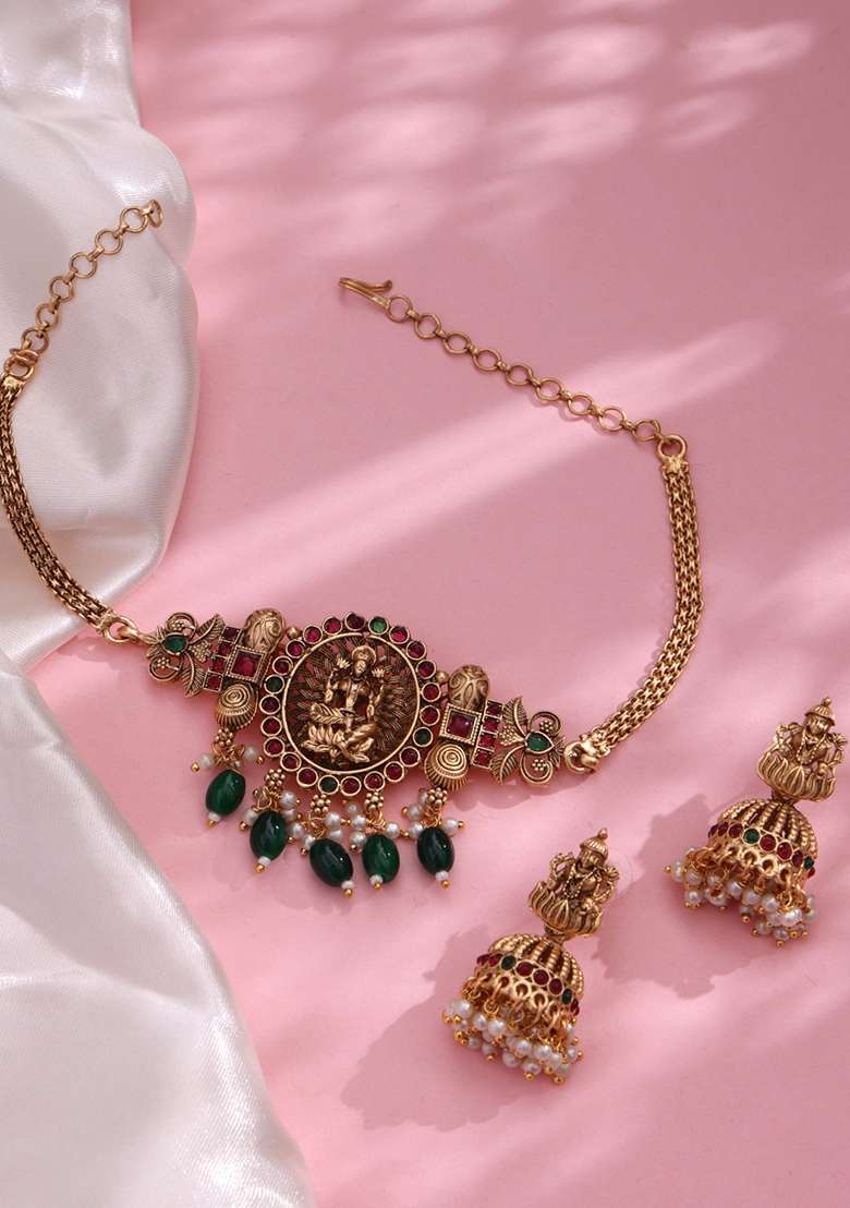 Gold Plated Stone Studded and Beaded Temple Jewellery Set - Indya