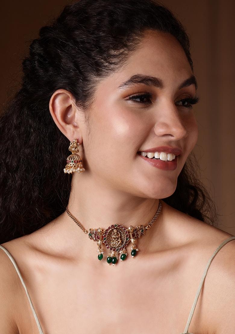 Gold Plated Stone Studded and Beaded Temple Jewellery Set - Indya