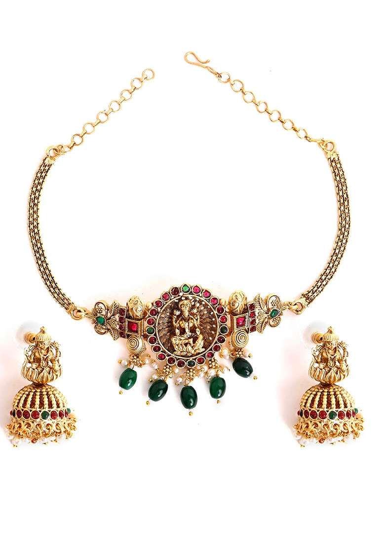 Gold Plated Stone Studded and Beaded Temple Jewellery Set - Indya