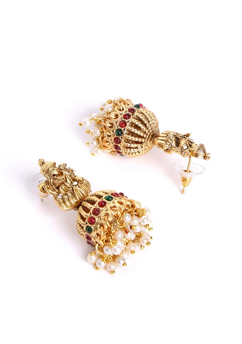 Gold Plated Stone Studded and Beaded Temple Jewellery Set - Indya