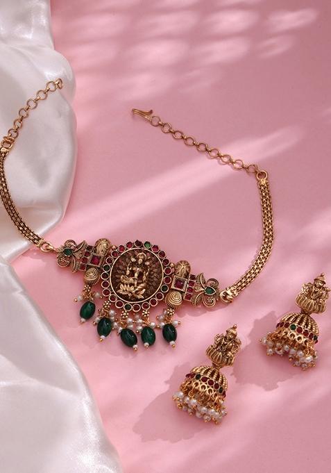 Gold Plated Stone Studded and Beaded Temple Jewellery Set