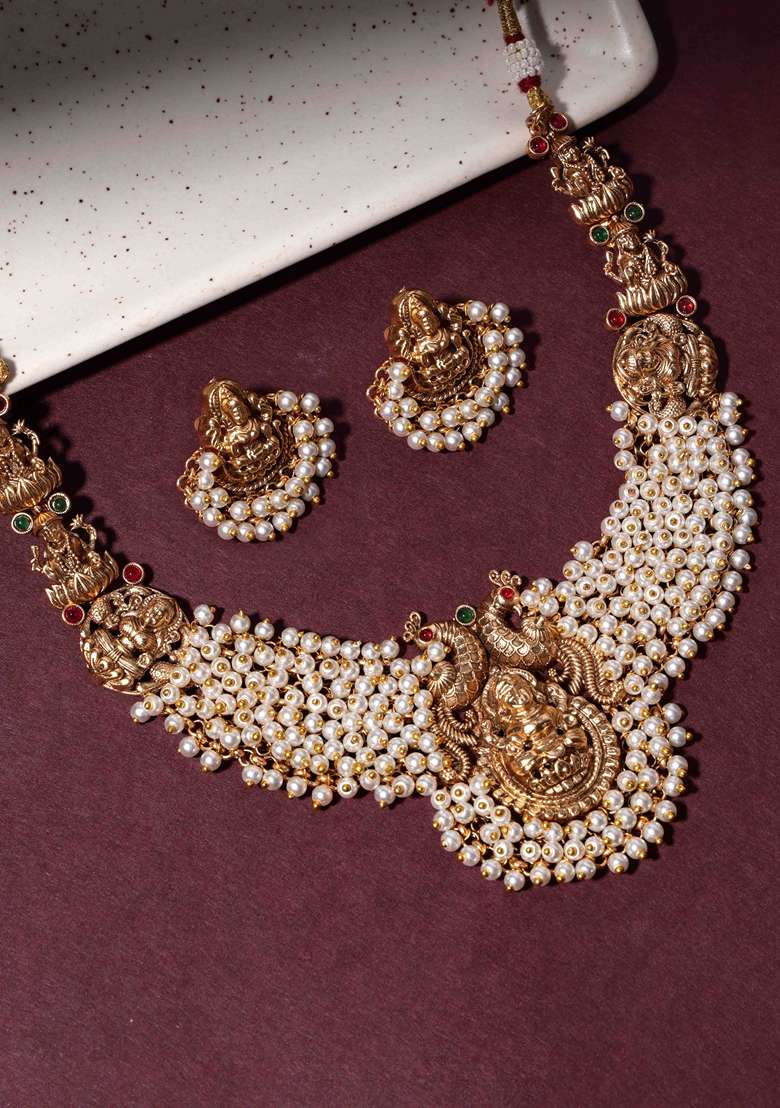 Gold Plated Stones Studded and Beaded Necklace and Earrings - Indya
