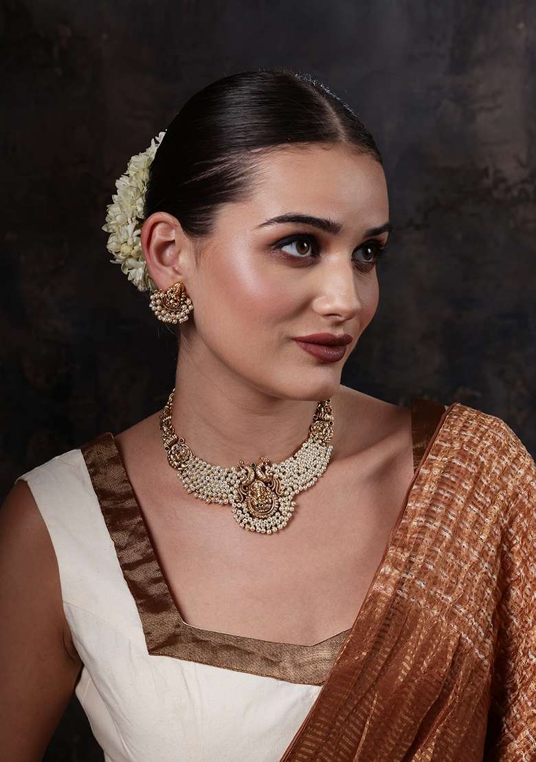 Gold Plated Stones Studded and Beaded Necklace and Earrings - Indya