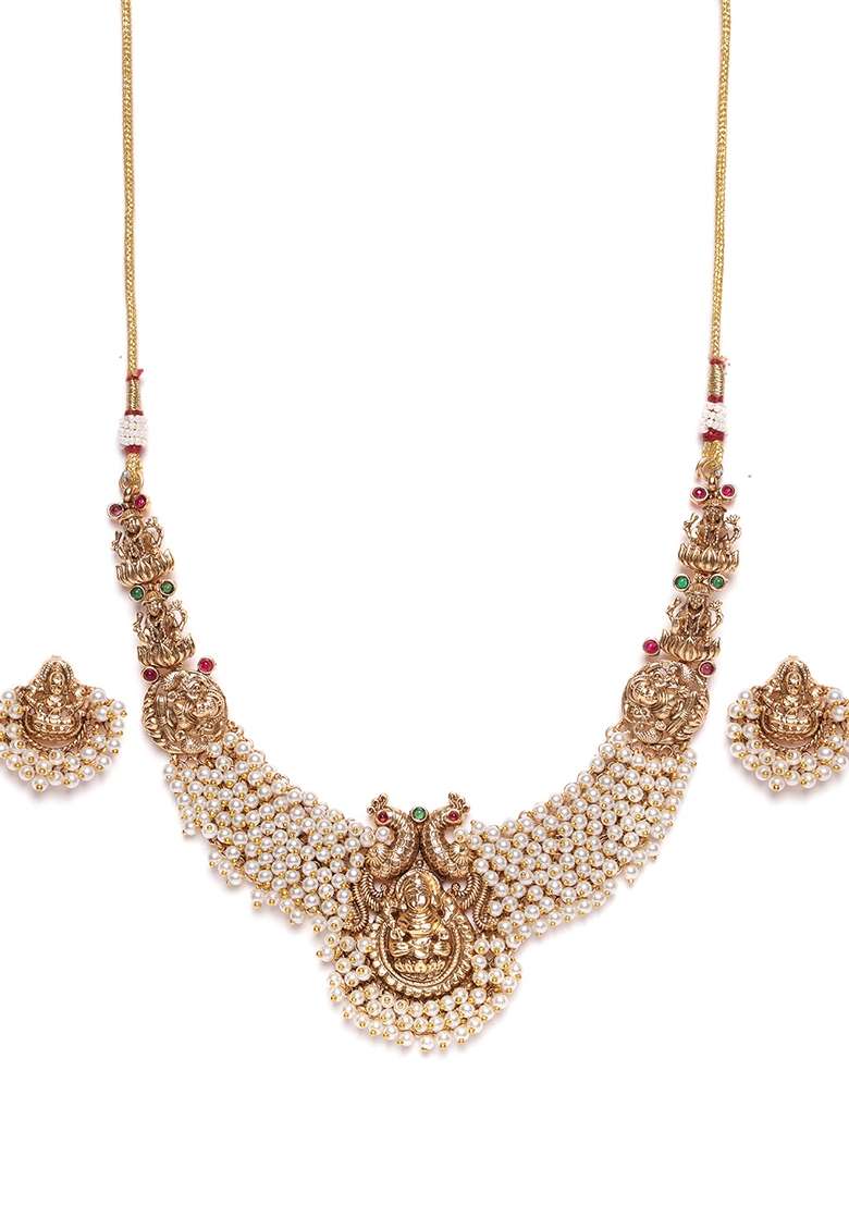 Gold Plated Stones Studded and Beaded Necklace and Earrings - Indya
