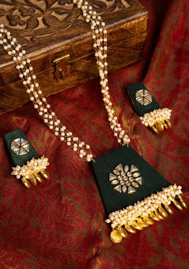 Gold Plated Kundan Stone Studded and Beaded Jewellery Set - Indya