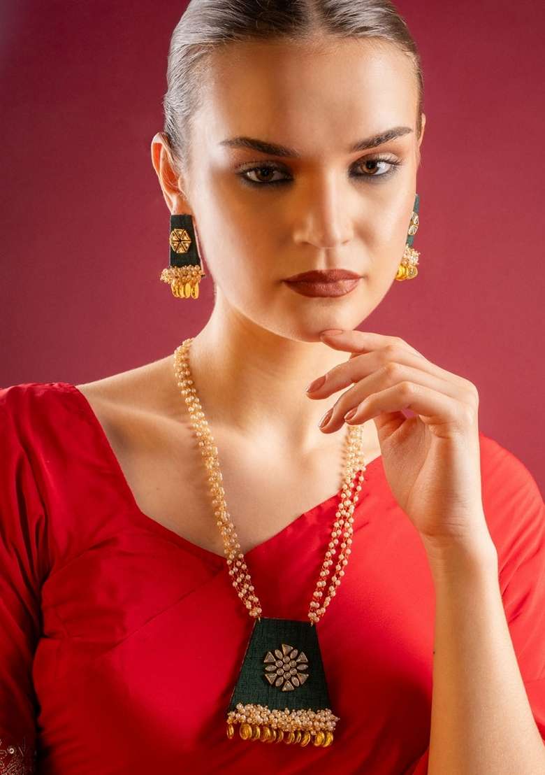 Gold Plated Kundan Stone Studded and Beaded Jewellery Set - Indya