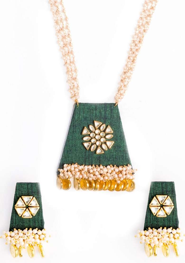Gold Plated Kundan Stone Studded and Beaded Jewellery Set - Indya