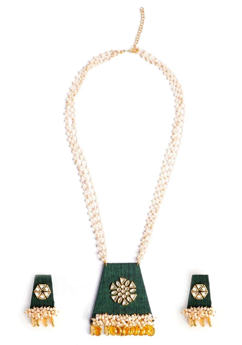 Gold Plated Kundan Stone Studded and Beaded Jewellery Set - Indya