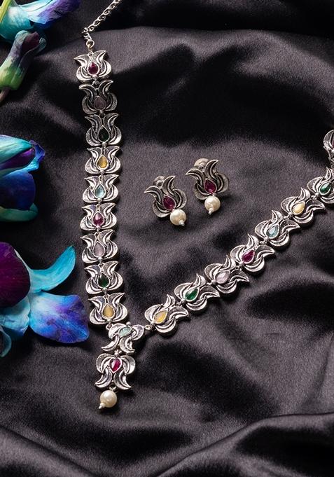 Stone Studded and Beaded Oxidised Jewellery Set