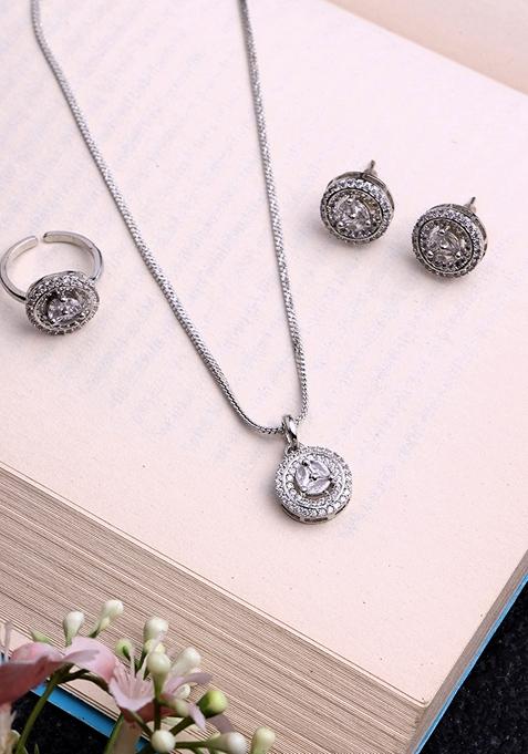 Silver Plated Cubic Zirconia Stone Studded Jewellery Set