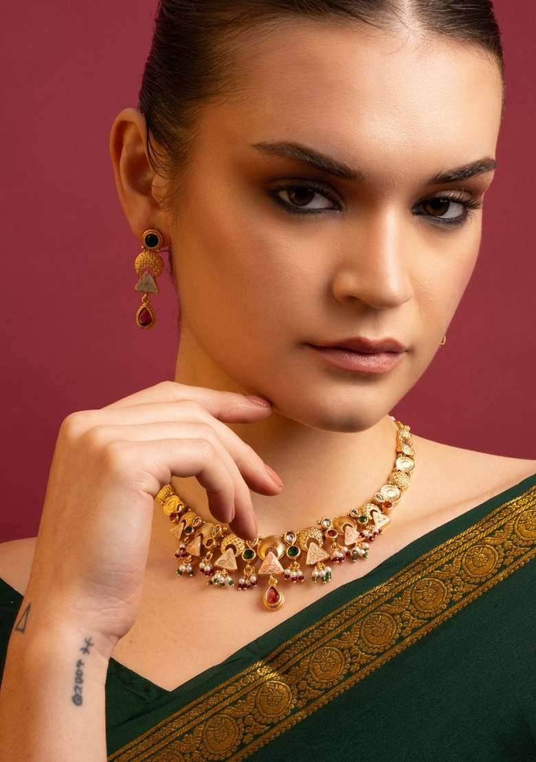Gold Plated Stones Studded and Beaded Jewellery Set - Indya