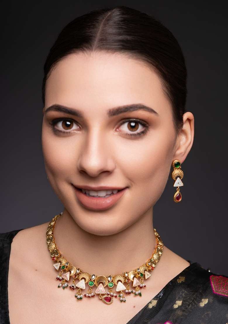 Gold Plated Stones Studded and Beaded Jewellery Set - Indya