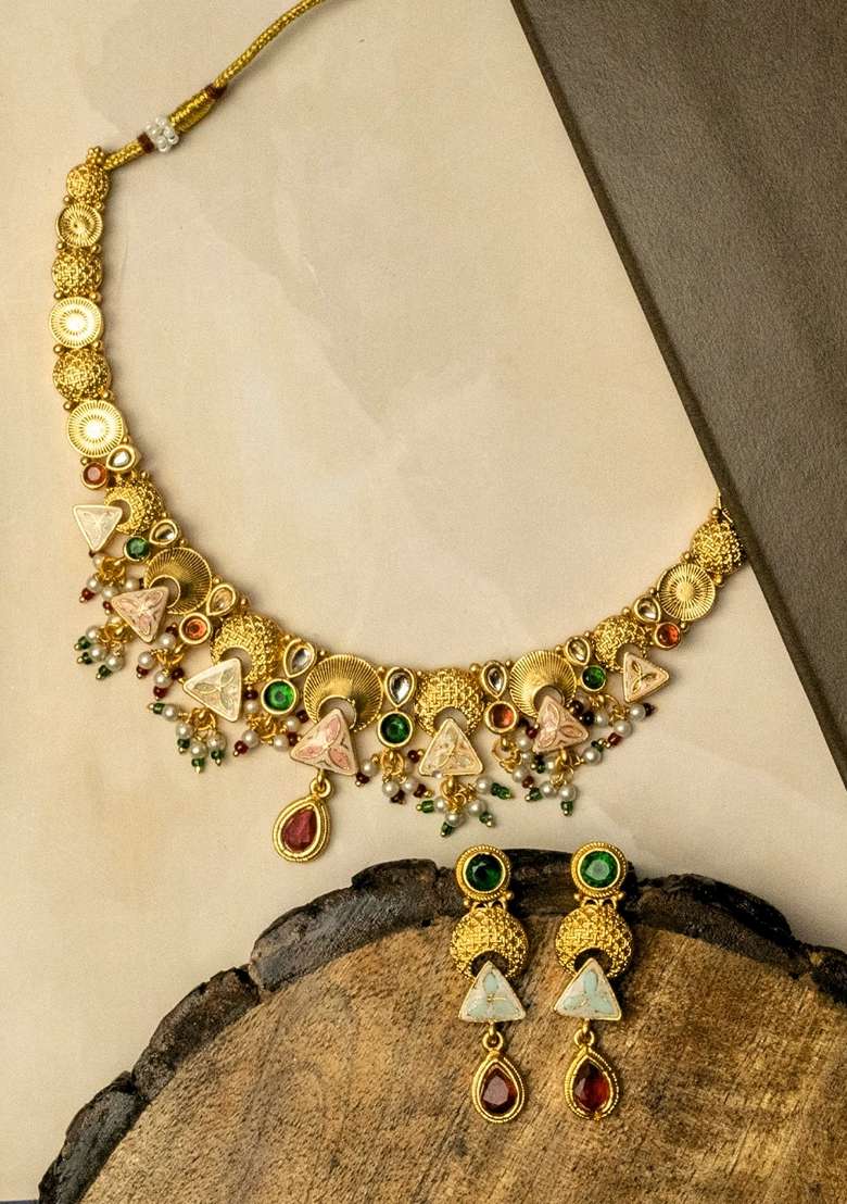 Gold Plated Stones Studded and Beaded Jewellery Set - Indya