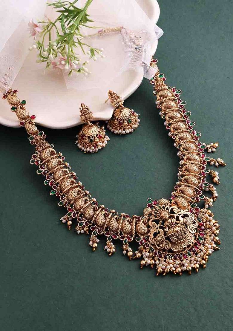 Gold Plated Temple Necklace Set With Lakshmi Motif and Pearl Detailing - Indya