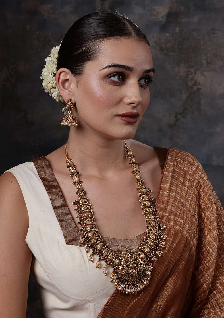 Gold Plated Temple Necklace Set With Lakshmi Motif and Pearl Detailing - Indya
