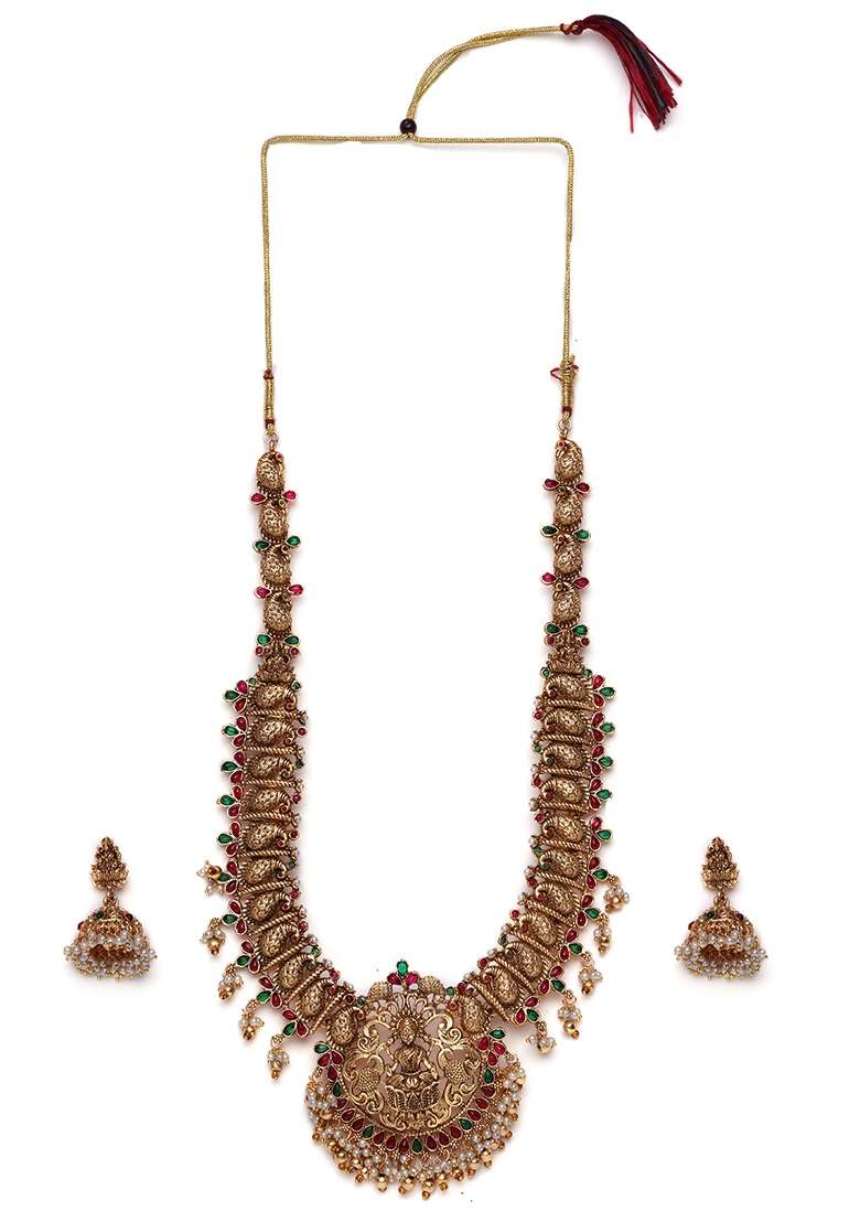 Gold Plated Temple Necklace Set With Lakshmi Motif and Pearl Detailing - Indya
