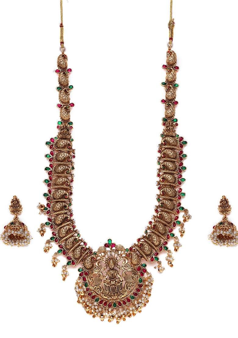 Gold Plated Temple Necklace Set With Lakshmi Motif and Pearl Detailing - Indya