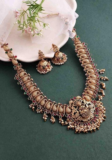 Gold Plated Temple Necklace Set With Lakshmi Motif and Pearl Detailing