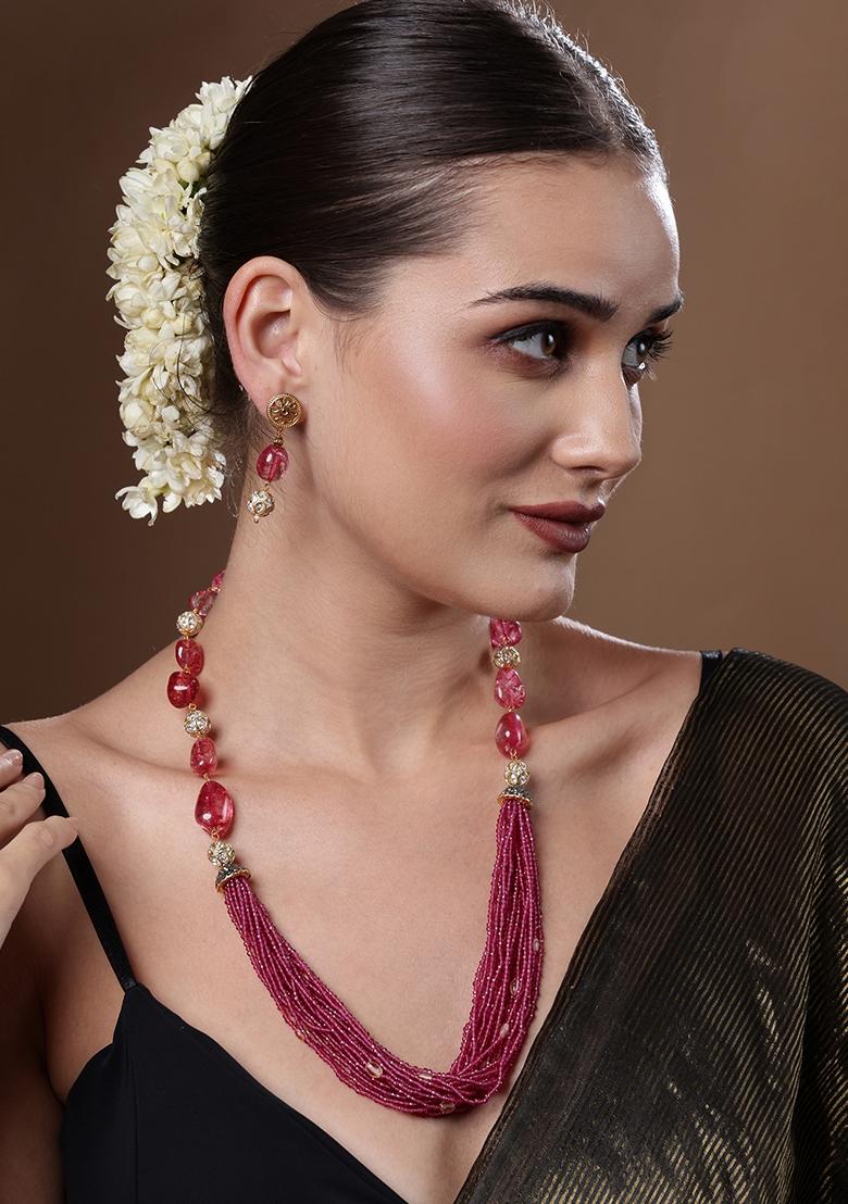 Gold Plated Stones Studded and Beaded Jewellery Set - Indya