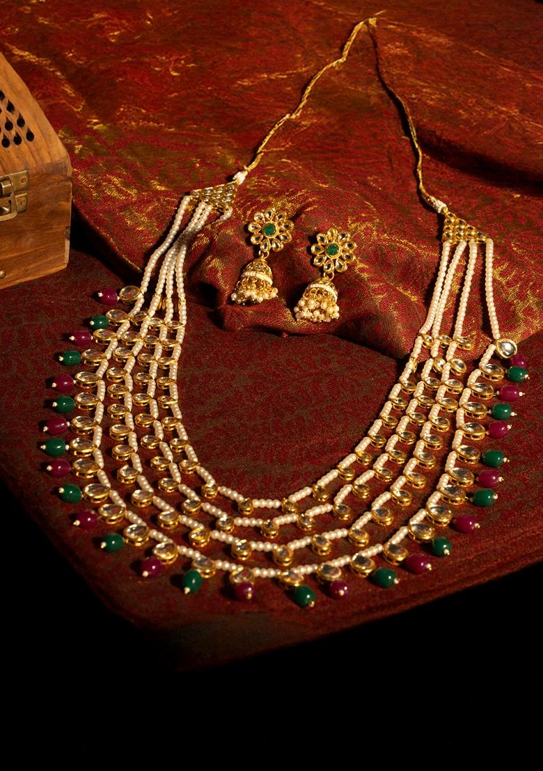 Gold Plated Artificial Stones Studded and Beaded Jewellery Set