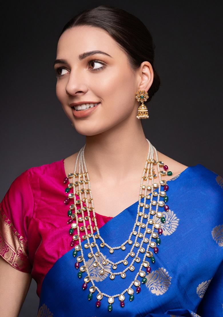Gold Plated Artificial Stones Studded and Beaded Jewellery Set