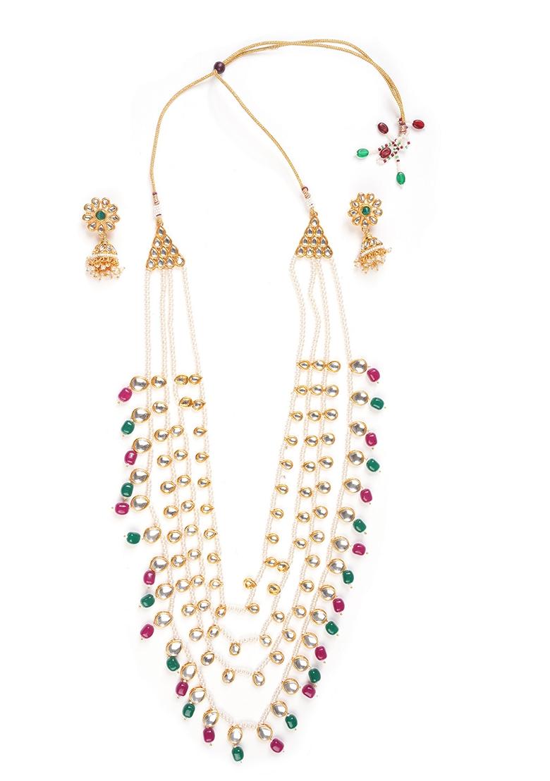 Gold Plated Artificial Stones Studded and Beaded Jewellery Set
