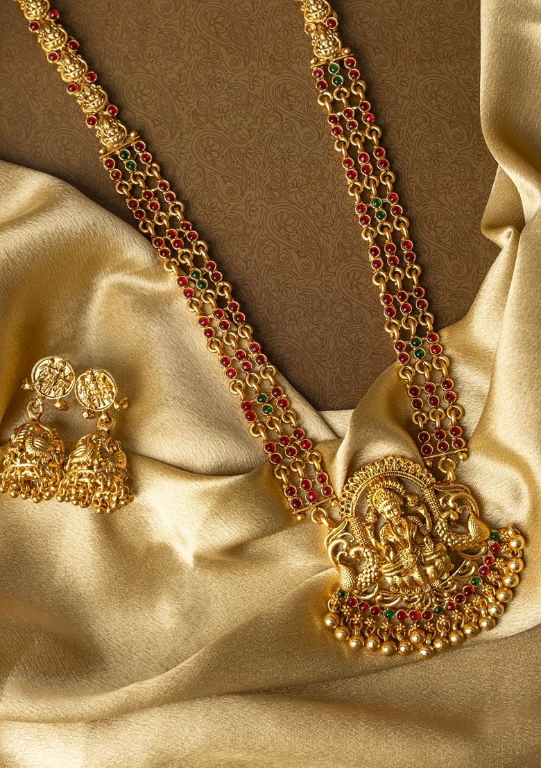 Gold Plated Antique Stone Studded and Beaded Laxmi Designed Temple Jewellery Set