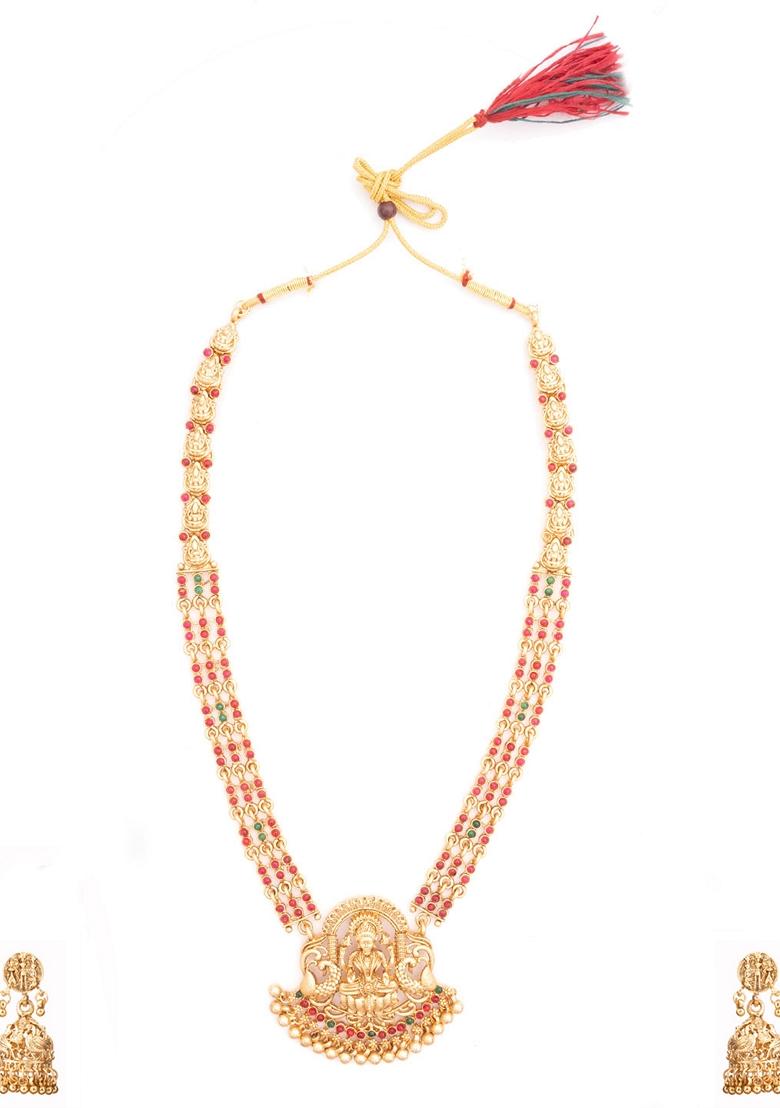Gold Plated Antique Stone Studded and Beaded Laxmi Designed Temple Jewellery Set