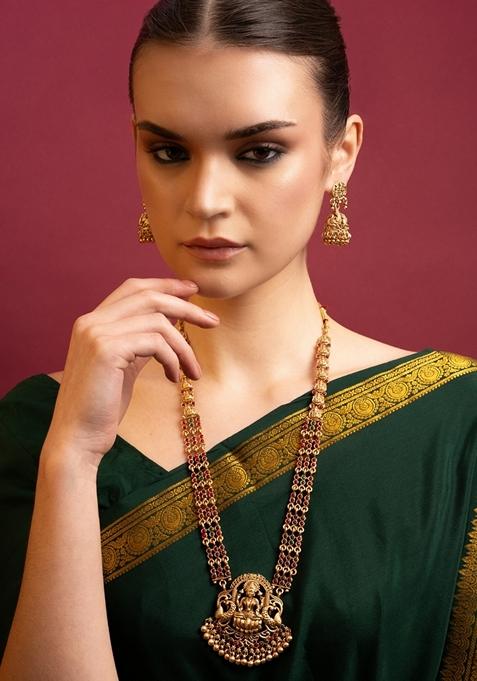 Gold Plated Antique Stone Studded and Beaded Laxmi Designed Temple Jewellery Set