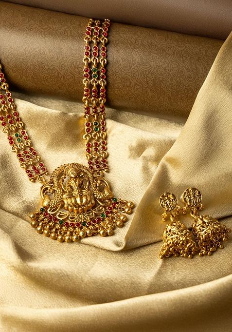 Gold Plated Antique Stone Studded and Beaded Laxmi Designed Temple Jewellery Set