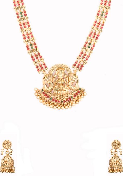Gold Plated Antique Stone Studded and Beaded Laxmi Designed Temple Jewellery Set