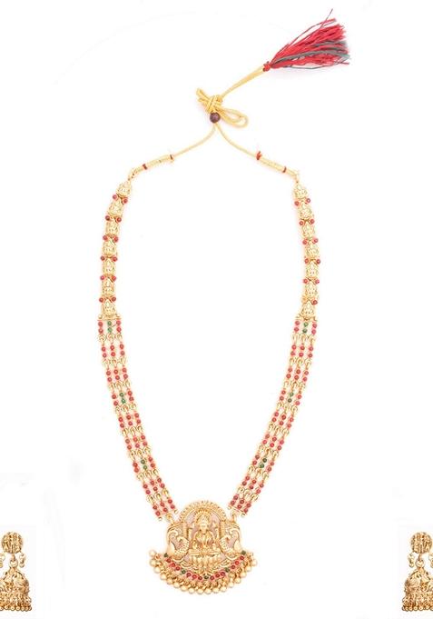 Gold Plated Antique Stone Studded and Beaded Laxmi Designed Temple Jewellery Set