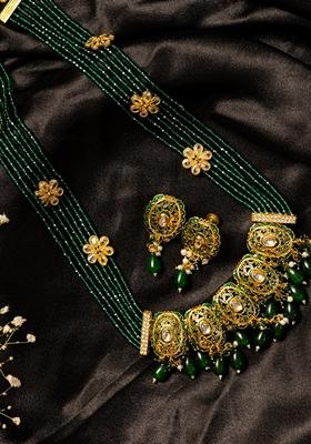 Gold Plated Stone Studded and Beaded Jewellery Set
