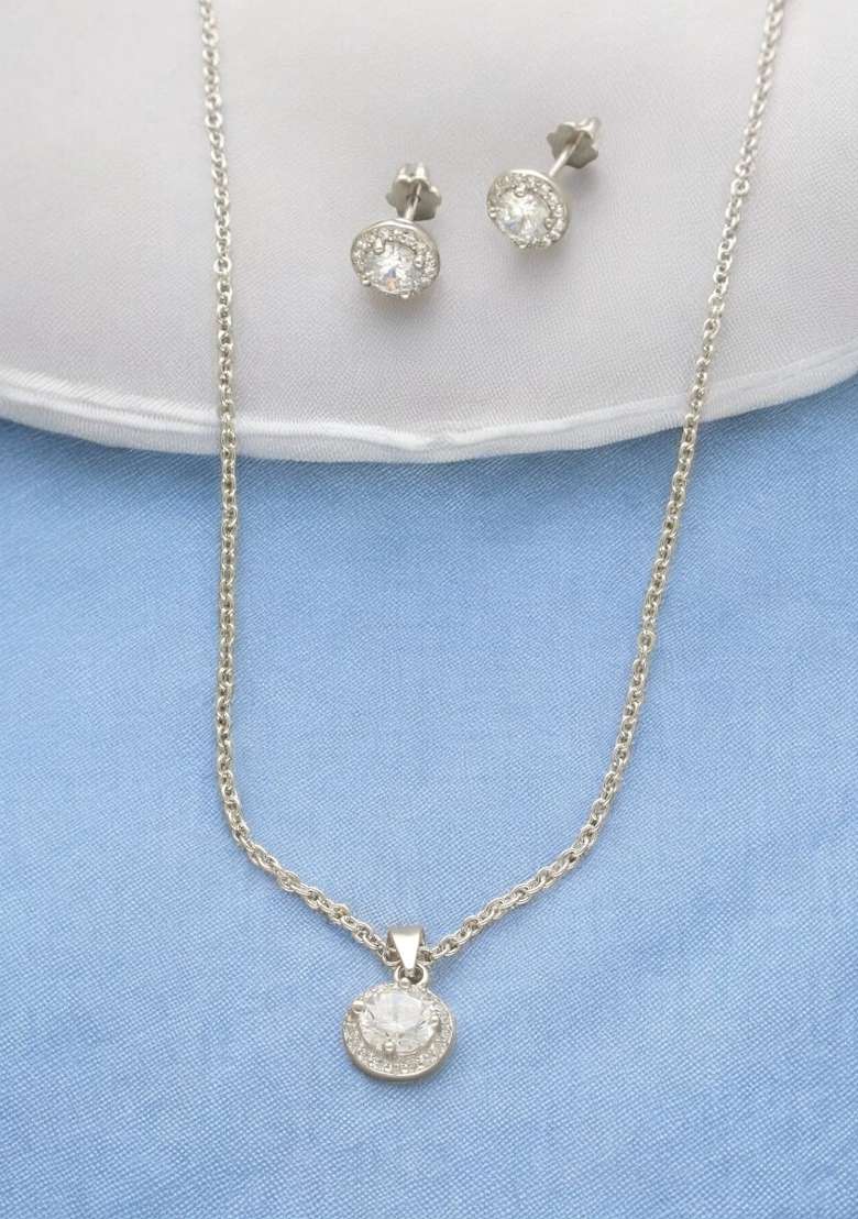 White Gold Plated 925 Silver Necklace Set - Indya