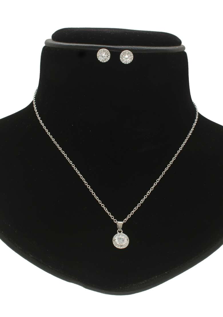 White Gold Plated 925 Silver Necklace Set - Indya