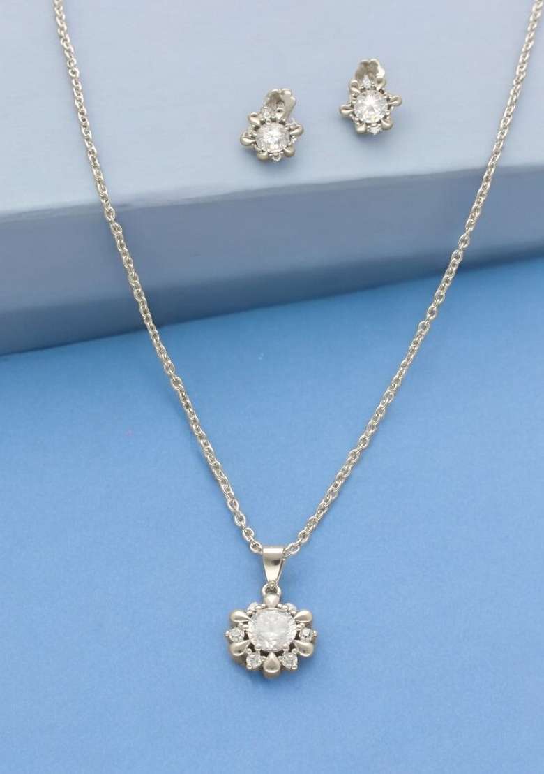 White Gold Plated 925 Silver Necklace Set - Indya