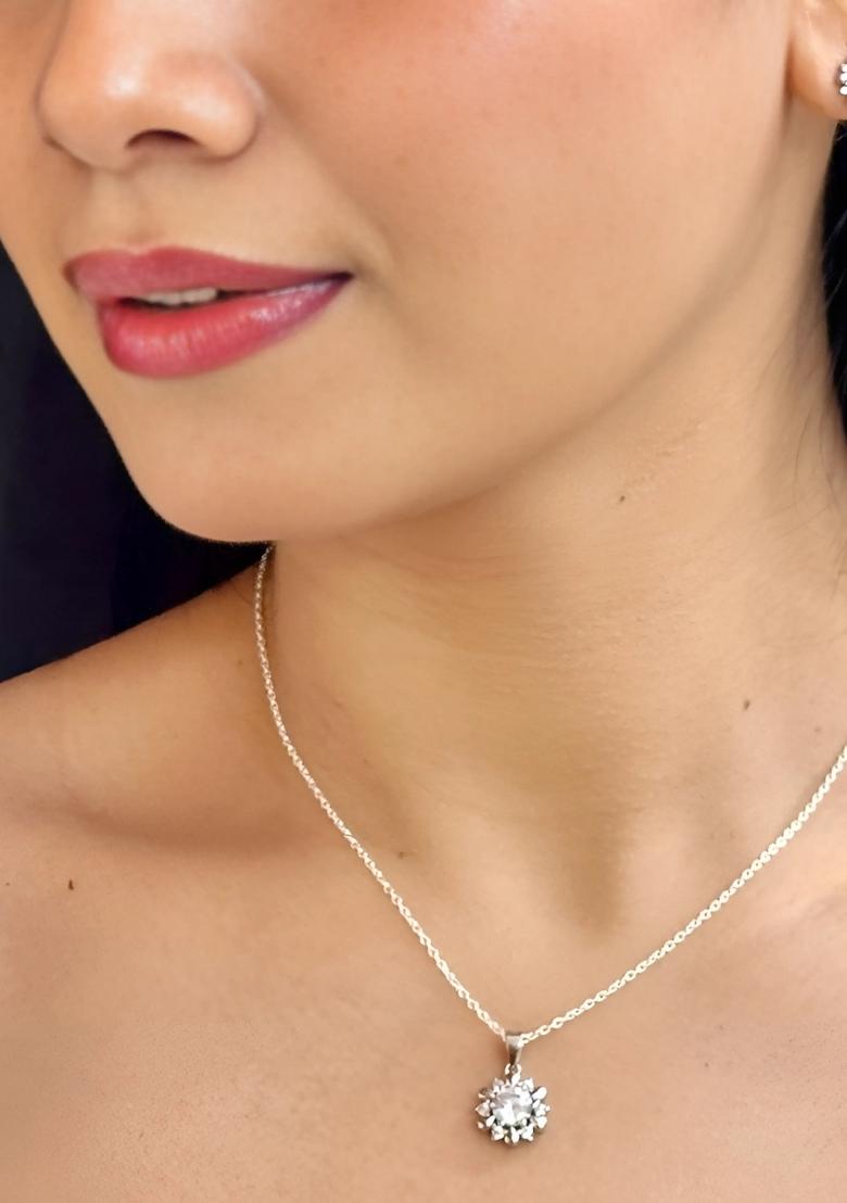 White Gold Plated 925 Silver Necklace Set - Indya