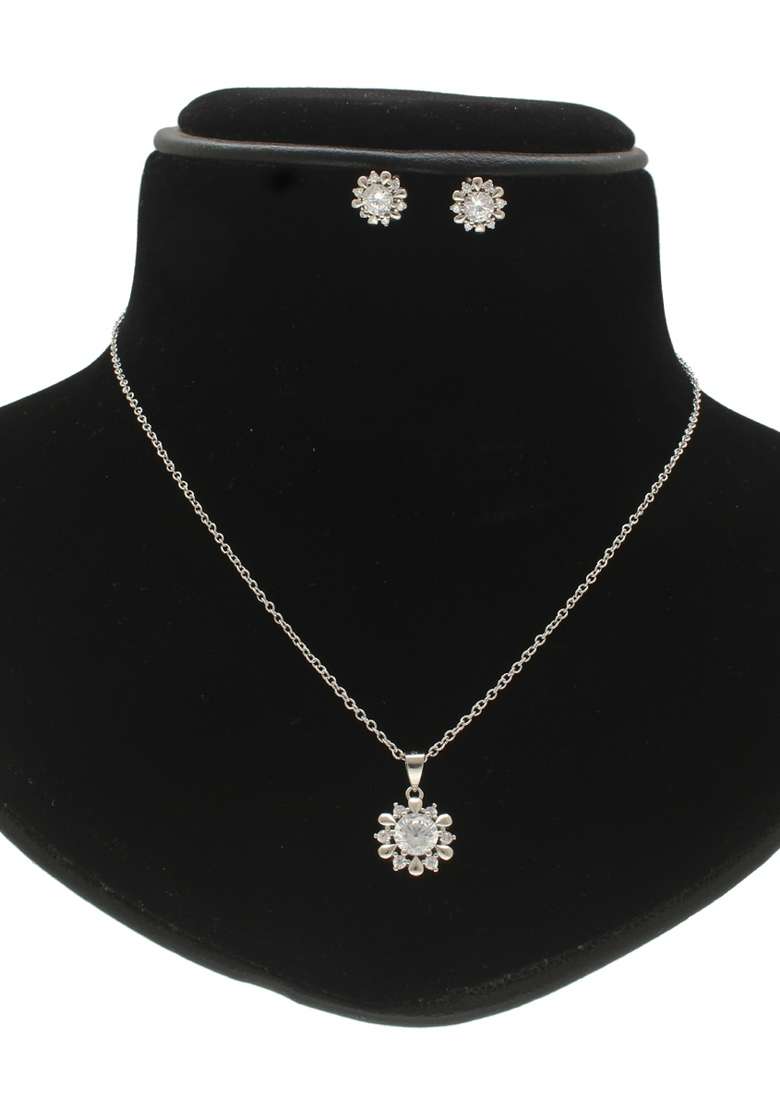 White Gold Plated 925 Silver Necklace Set - Indya