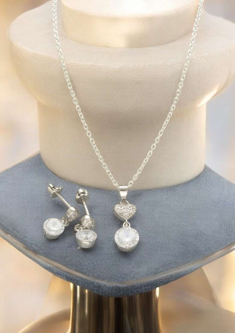 White Gold Plated 925 Silver Necklace Set - Indya