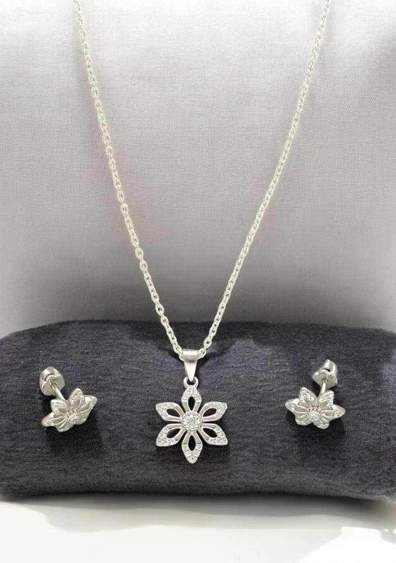 White Gold Plated 925 Silver Necklace Set - Indya