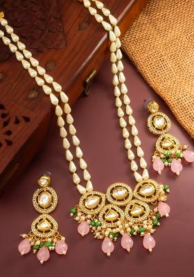 Baby Pink Gold Plated Brass Necklace And Earrings