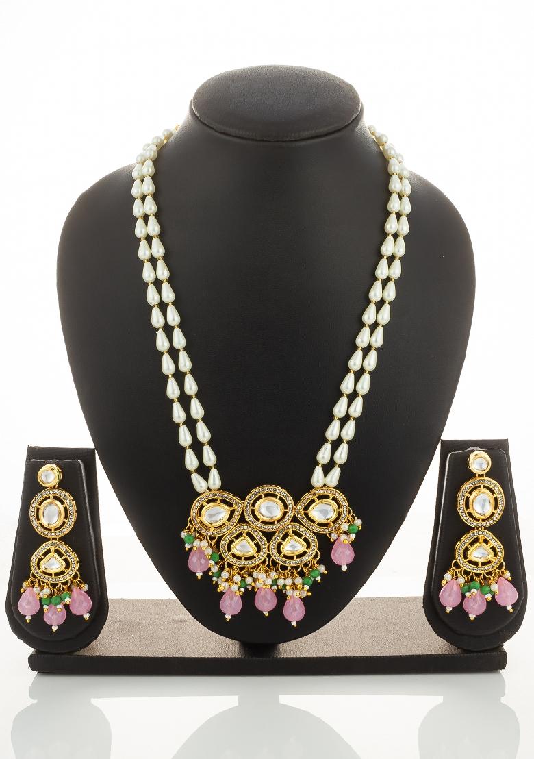 Baby Pink Gold Plated Brass Necklace And Earrings - Indya
