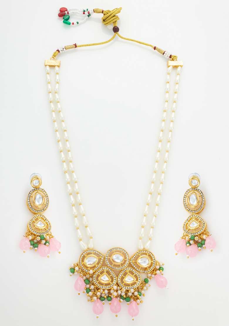 Baby Pink Gold Plated Brass Necklace And Earrings - Indya